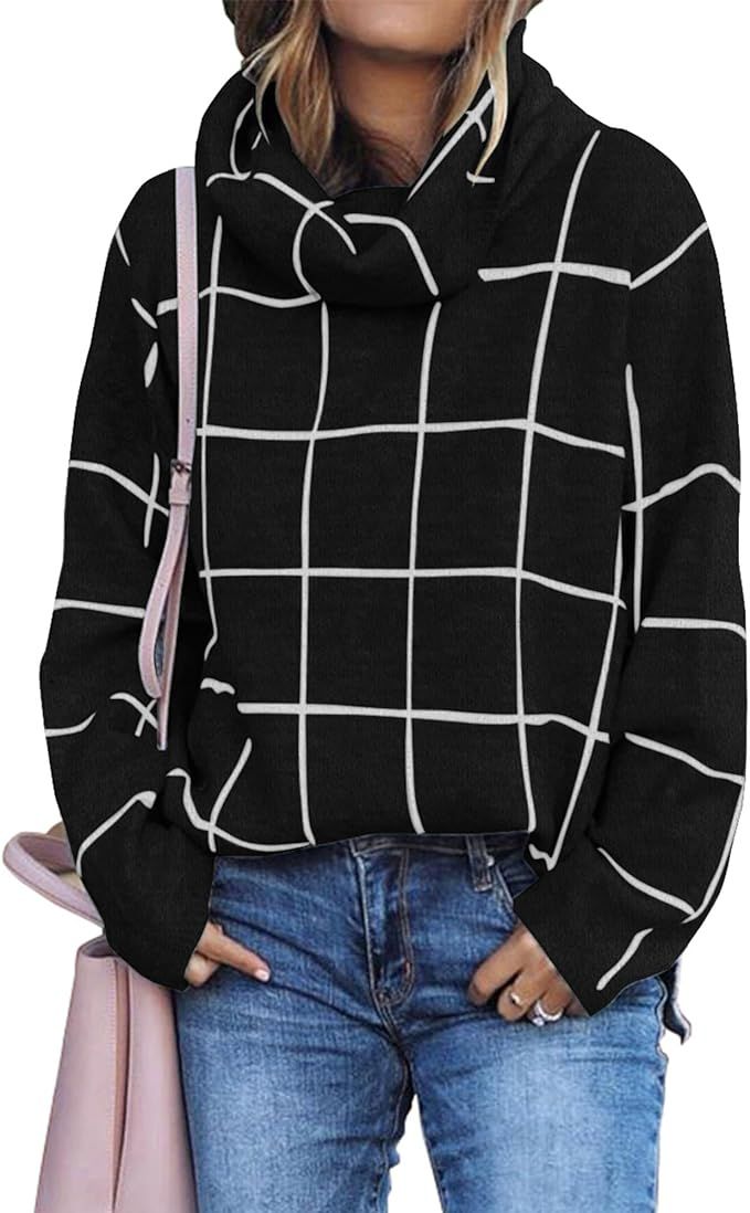 KIRUNDO Womens Sweaters 2023 Trendy Fall Winter Turtleneck Long Sleeve Plaid Chunky Knit Pullover... | Amazon (US)