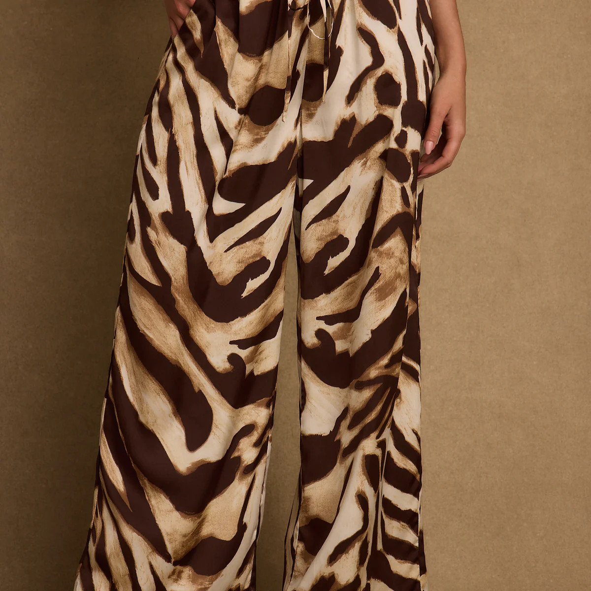Clear Breeze Mocha Zebra Satin Pants | 12th Tribe