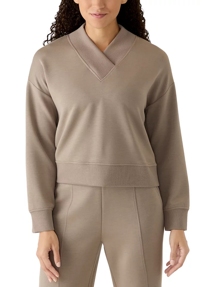Petite Long Sleeve V-Neck Rib Trim Top | Belk
