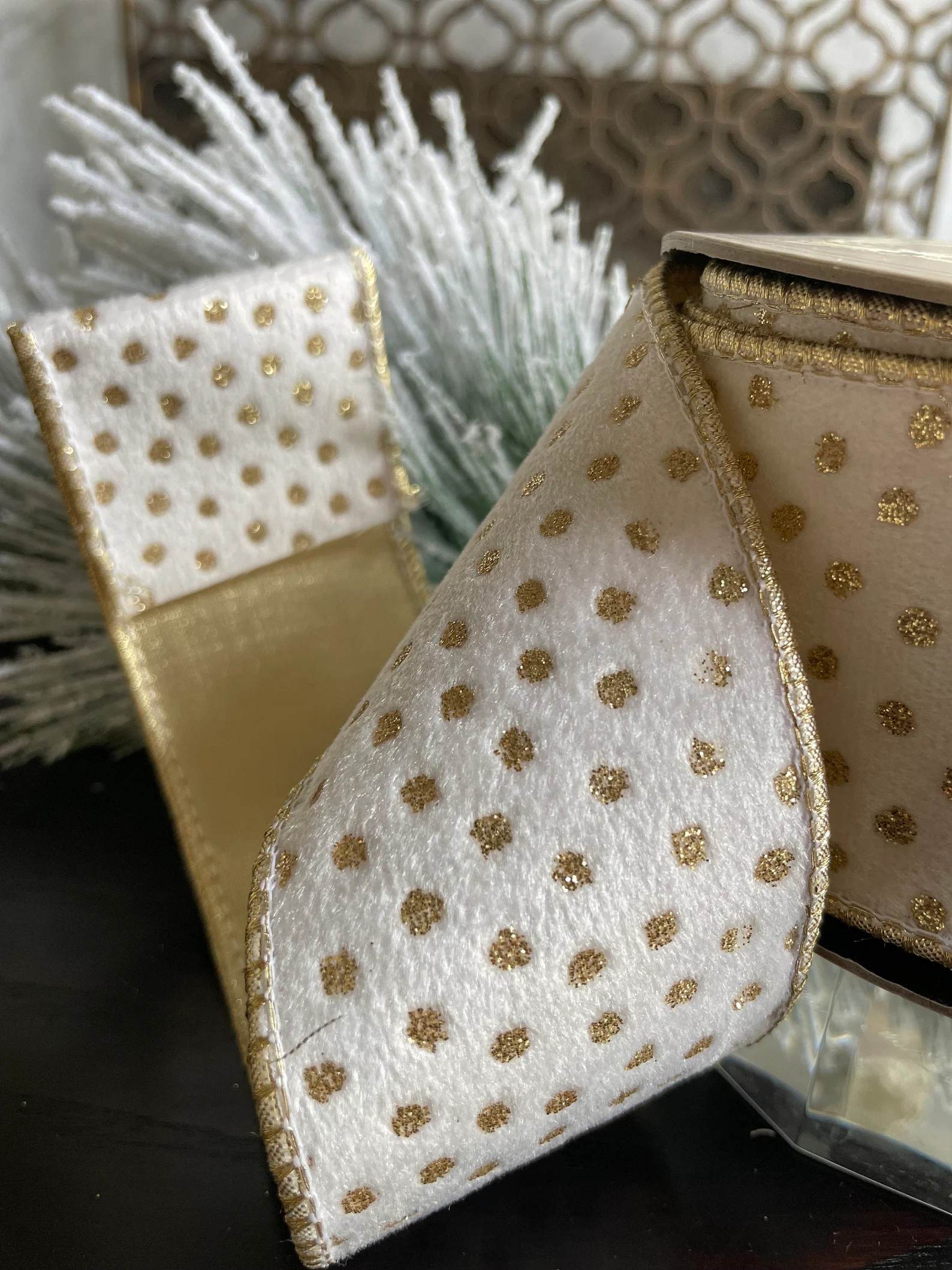 2.5 X 10 Yds Designer White Velvet Polka Dot Gold Glitter - Etsy | Etsy (US)