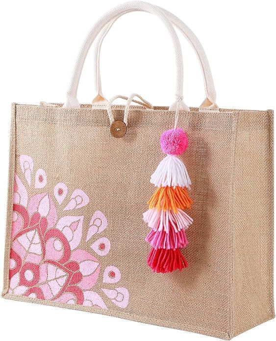 Itgowisa Jute Tote Bag for Women Large Beach Bag Straw Cute Reusable Grocery Bag Tote Handbag Wov... | Amazon (US)
