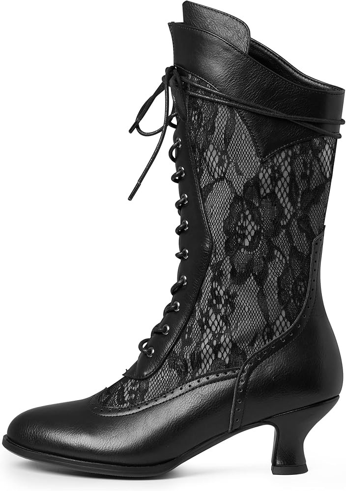 SaraIris Women's Ankle Boots Mid Calf Boots Gothic Chunky Heel Lace Up Mesh Vintage Round Toe Kni... | Amazon (US)
