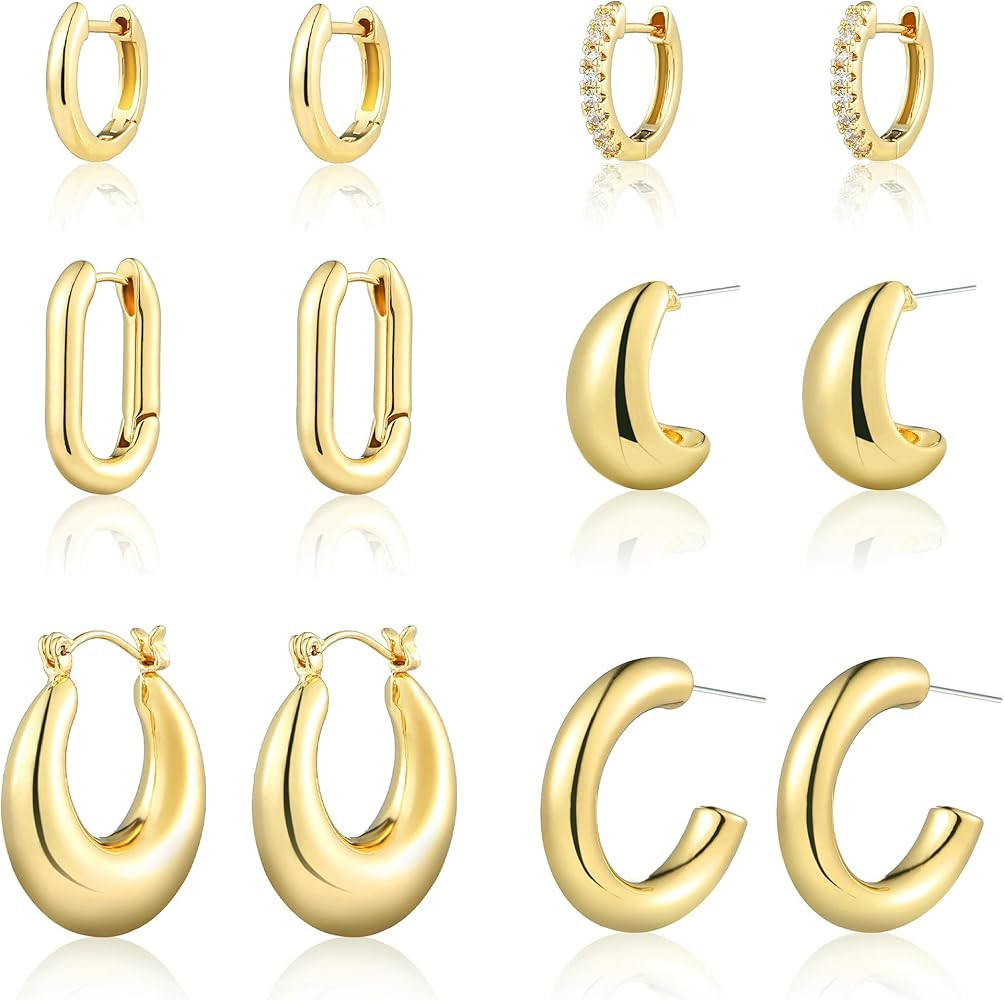 Gold Hoop Earrings for Women Trendy, 6 Pairs 14k Gold Plated Huggie Hoops Earrings Set for Women ... | Amazon (US)