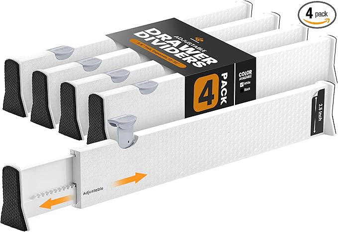 RAPTUROUS Adjustable Drawer Dividers 4 Pack, 2.5" High, 13-22" Long, Dresser Drawer Organizer for... | Amazon (US)