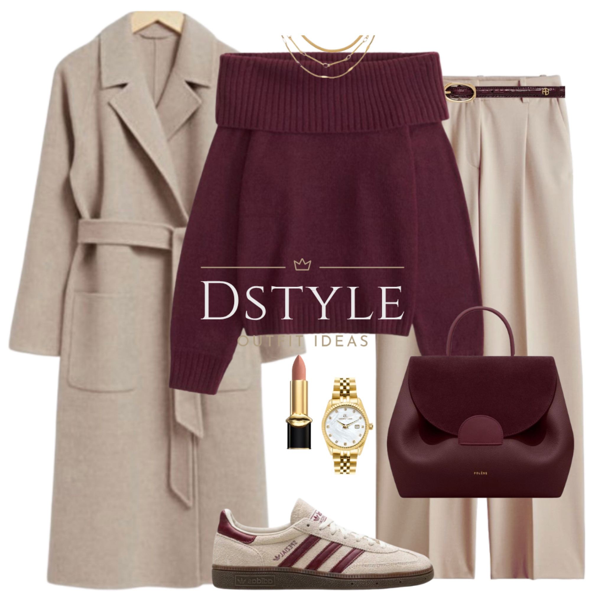 Belted wool coat in sand melange, dark red off-the-shoulder sweater, 
beige wide trousers, burgundy belt, Adidas Handball Spezial in off white and burgundy, bag- Polene Number one trio burgundy

#LTKWorkwear #LTKStyleTip #LTKShoeCrush