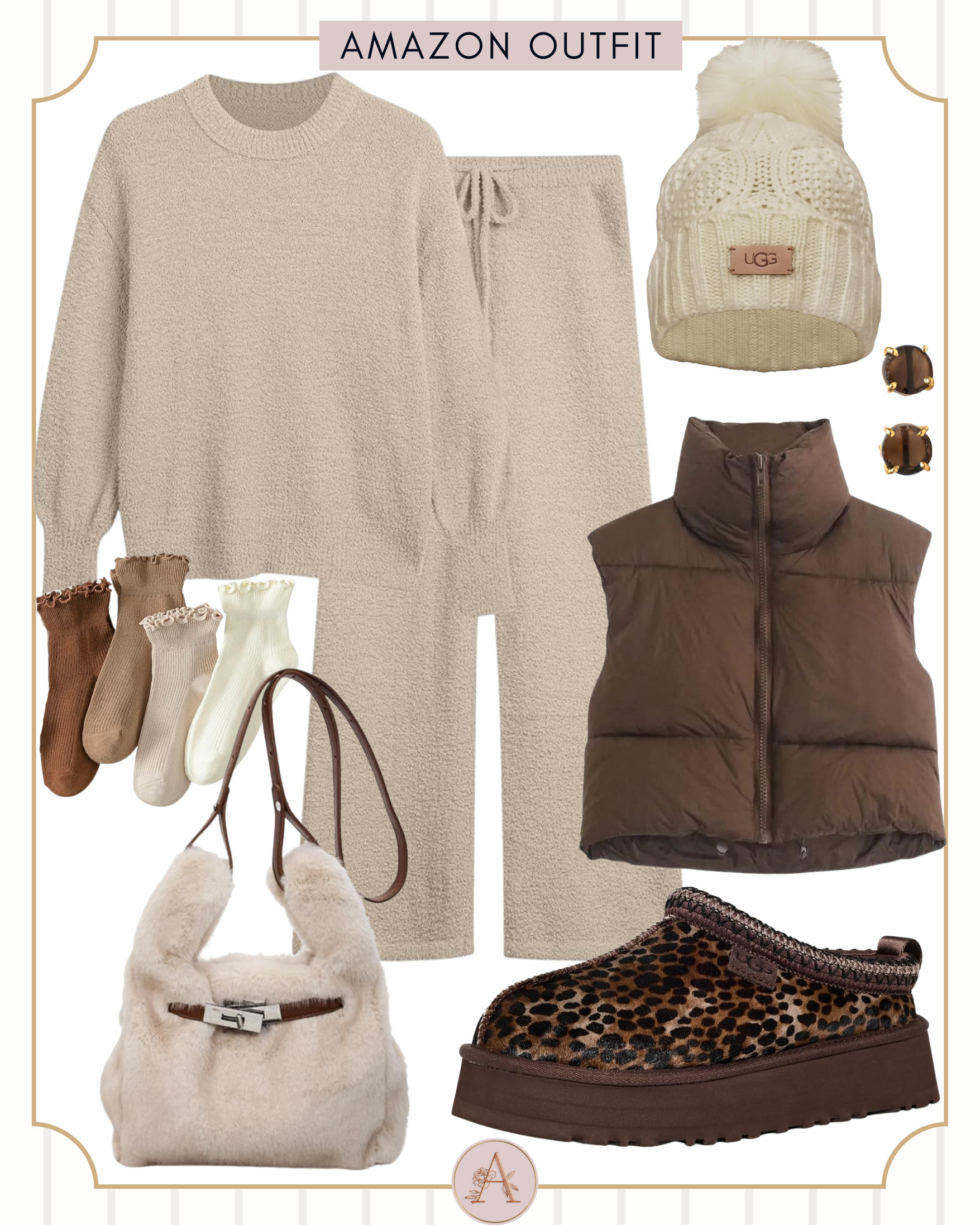 Neutral Amazon winter outfit with a soft knit lounge set, brown puffer vest, UGG beanie, leopard platform slippers, and a fuzzy handbag — cozy, cute, and perfect for everyday winter wear. 

 #LTKootd #LTKPetite