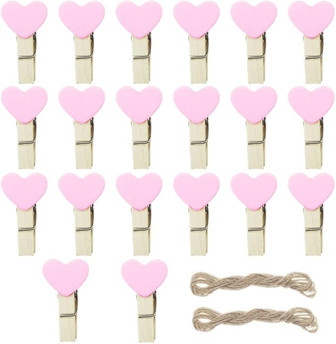 Pink Heart Clothespins Mini Wooden Clothespins with Jute Twine Small Decorative Wood Peg Pin Craf... | Amazon (US)