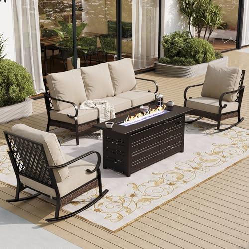 SUNSHINE VALLEY 4 Piece Black Metal Outdoor Patio Furniture Sets with Firepit Table, Patio Conversation Sets 1 3-Seater Sofa, 2 Rocking Sofa with 5.75" Thick Cushion Backyard Furniture for Deck, Beige | Amazon (US)