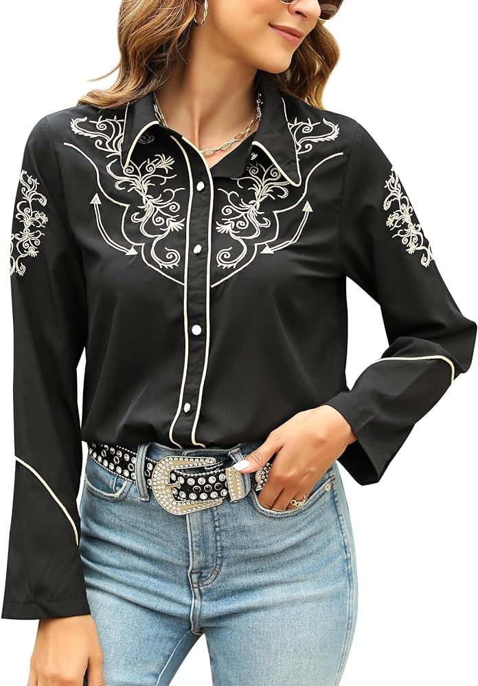 Western Shirts for Women Cowgirl Sexy Dressy Long Sleeve Black Embroidered Button Up Ladies Blusa... | Amazon (US)