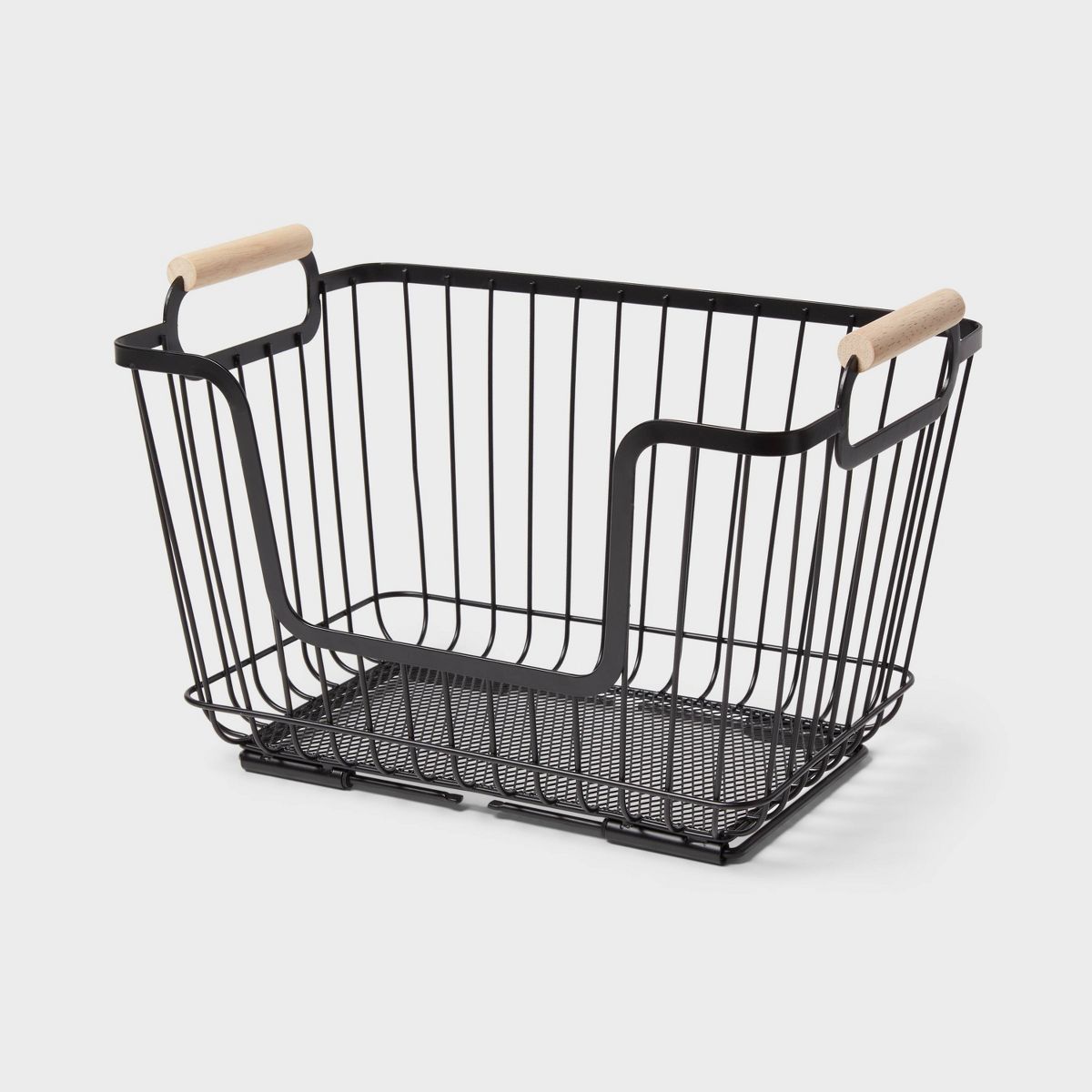 Metal Stackable Wire Pantry Basket with Rubber Wood Handle Black - Brightroom™ | Target