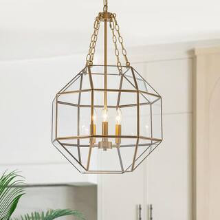 Puente 3-Light 18.1 in.W Brass Chandelier Geometric Glass Pendant Light for Living Room and Kitch... | The Home Depot