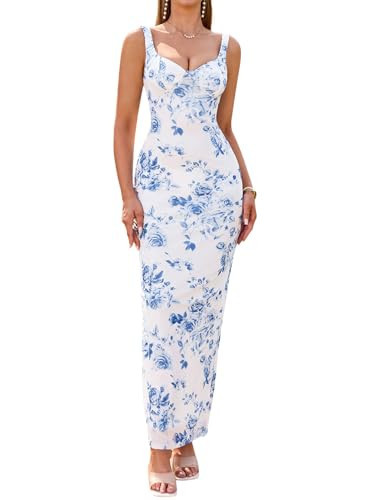 HTZMO Women Summer Floral Bodycon Maxi Dress V Neck Halter Sleeveless Casual Wedding Guest Party Elegant Long Dresses Blue Floral XS | Amazon (US)