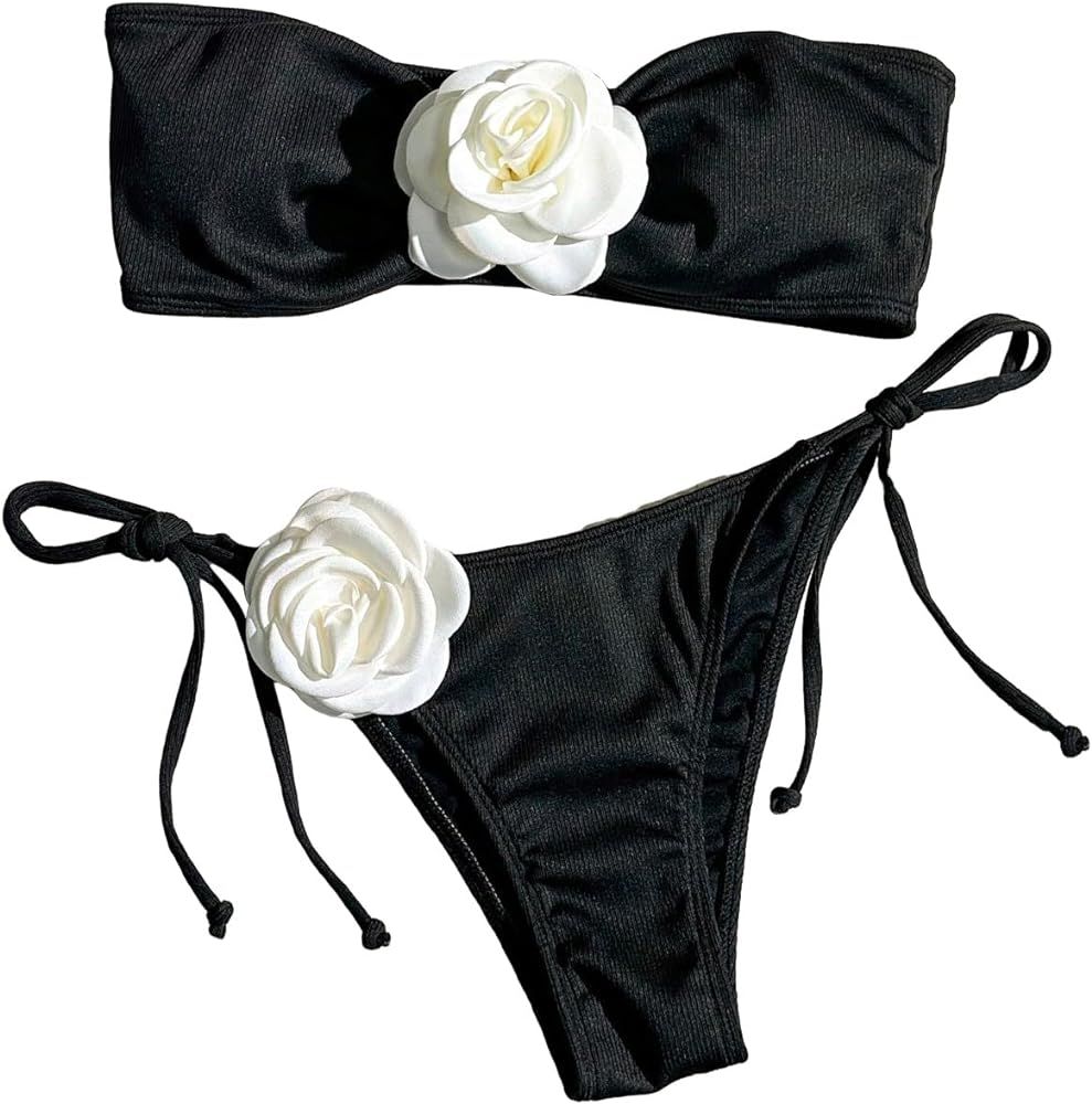 MakeMeChic Women's 2 Piece Bandeau Swimsuit 3D Floral Tie Side High Cut Bikini Set Bathing Suit | Amazon (US)