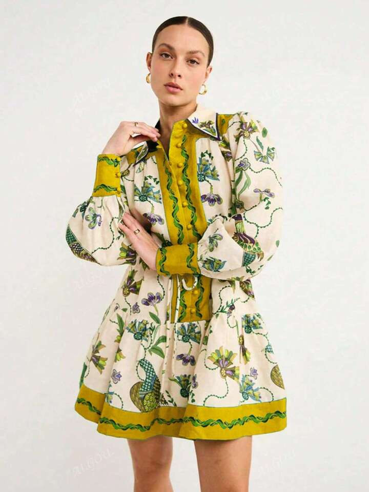 Bohemian Style Women Long Sleeve Floral Print Lapel Collar Casual Dress | SHEIN