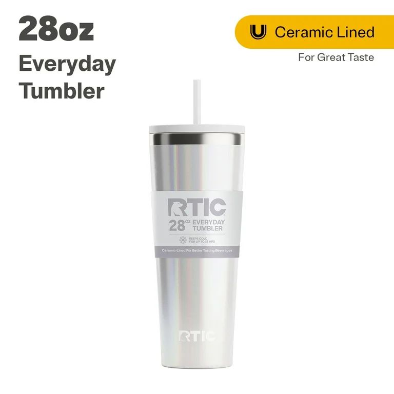 RTIC 28 oz Ceramic Lined Everyday Tumbler, Spill-Resistant Straw Lid, White Glitter | Walmart (US)