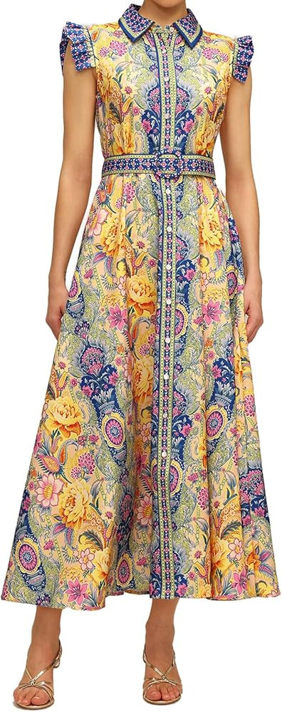 Blue Exquisite Ruffled Sleeve Floral Dress Mini Graceful Lacing Button Down Wrap Birthday Dress | Amazon (US)