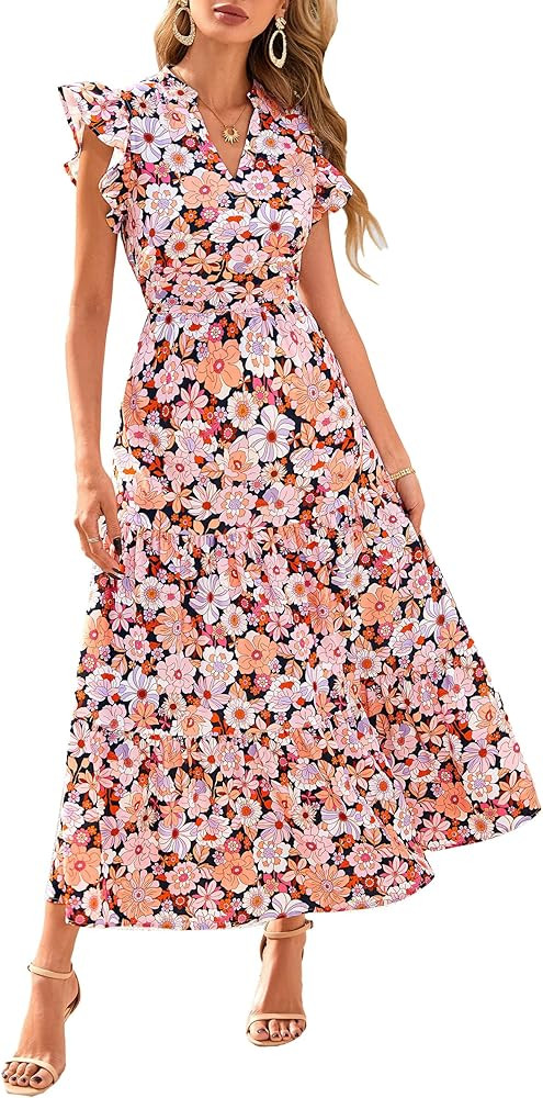 PRETTYGARDEN Women's 2026 Summer Floral Midi Dress Cap Sleeve V Neck Ruffle Long Flowy Boho Casua... | Amazon (US)