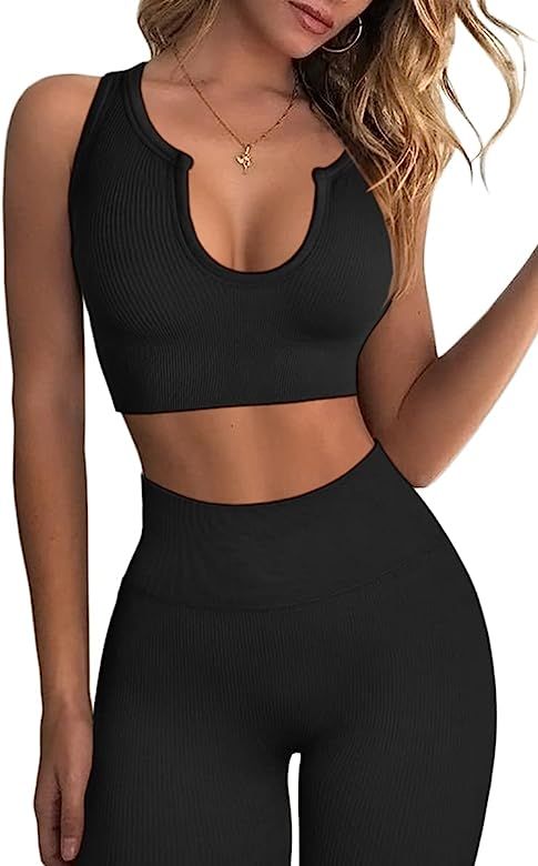 FAFOFA Workout Outfits for Women 2 Piece Ribbed Seamless Crop Tank High Waist Yoga Leggings Sets | Amazon (US)