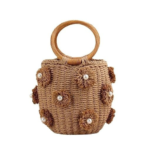 Pearl Flower Bucket Straw Handbag, Summer Beach Tote Bag with Drawstring, Diamond Woven Handbag Rattan Shoulder Crossbody Basket Purse for Women | Amazon (US)