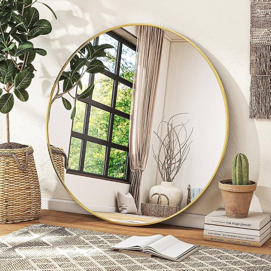 Gold Round Mirror, 30 Inch Bathroom Mirrors for Wall, Wall-Mounted Circle Mirror with Metal Frame... | Amazon (US)