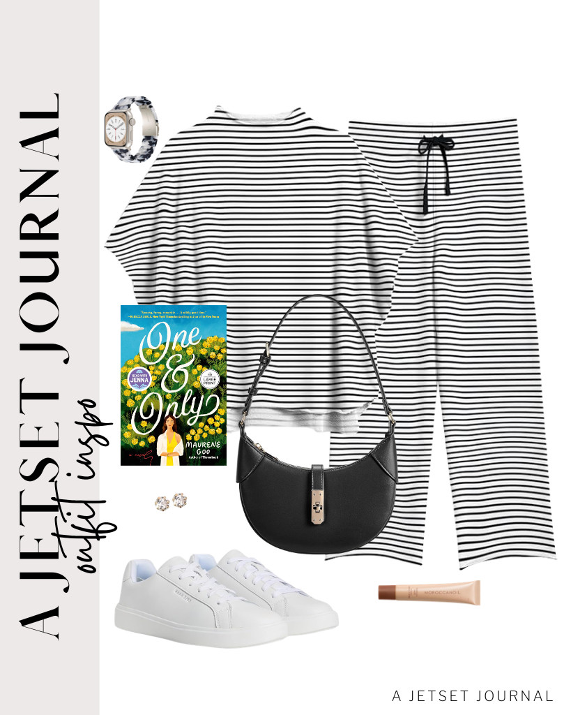 For a hopeless romantic vibe, this striped gray two-piece set looks perfect when paired with a black BOSTANTEN crescent shoulder bag and sneakers. I also discovered a book titled One & Only by Maureen Goo. I enjoy bringing books like this with me whenever I want some time to myself. 

 #LTKSeasonal #LTKSaleAlert #LTKTravel