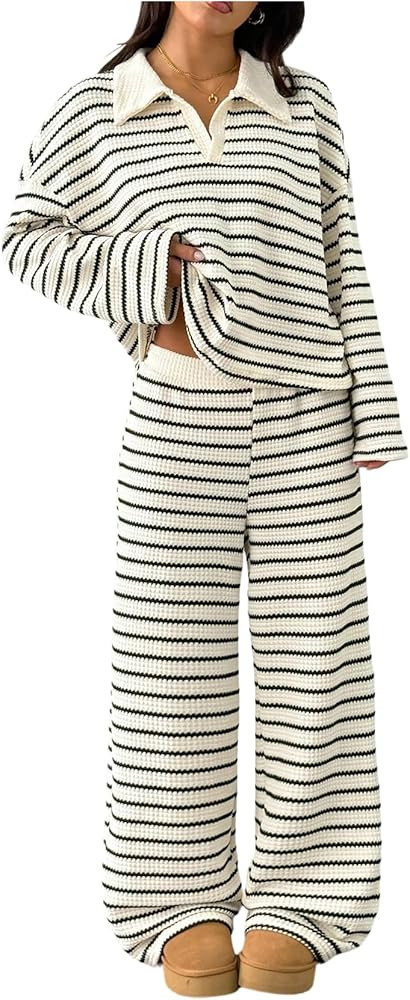 MakeMeChic Women's 2 Piece Sets Striped Long Sleeve Collared Tops Shirt Wide Leg Pants Matching S... | Amazon (US)