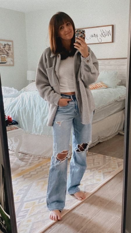 The comfiest, coziest outfit.

These baggy low rise jeans from American Eagle are heaven. I’m wearing a 6. Shacket is a large. Tee is o/s. 

#LTKunder100 #LTKsalealert #LTKstyletip