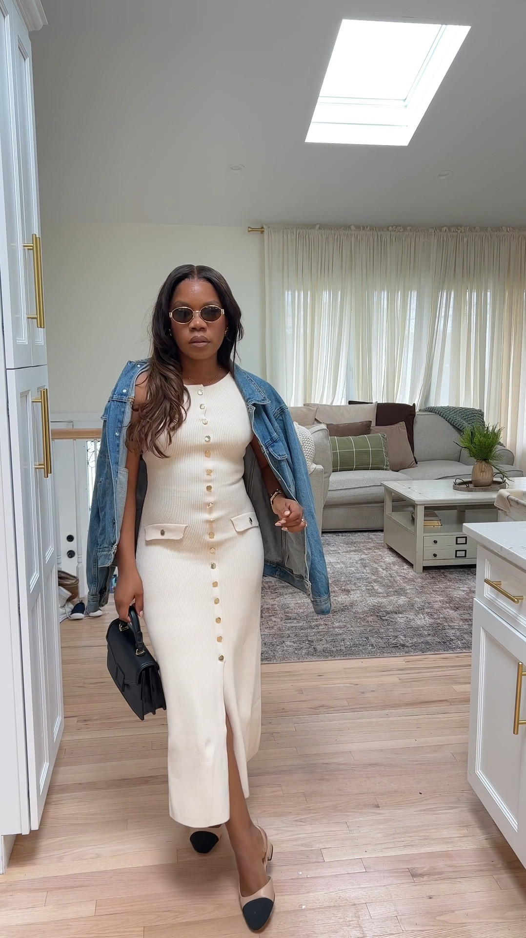 Neutral spring midi dress paired with denim jacket and slingback shoes 