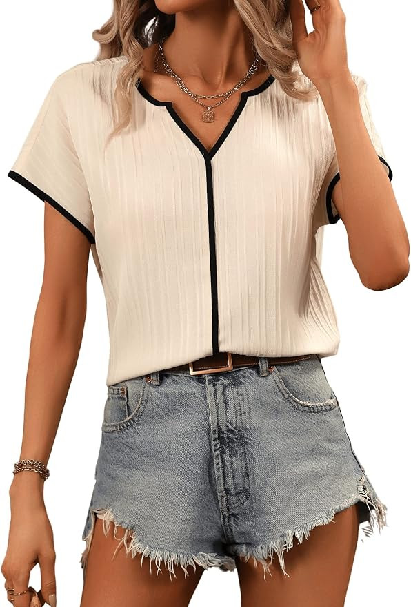SweatyRocks Women's Short Batwing Sleeve V-Neck Notched Neck Blouse Plain Ribbed Loose Fit Casual... | Amazon (US)