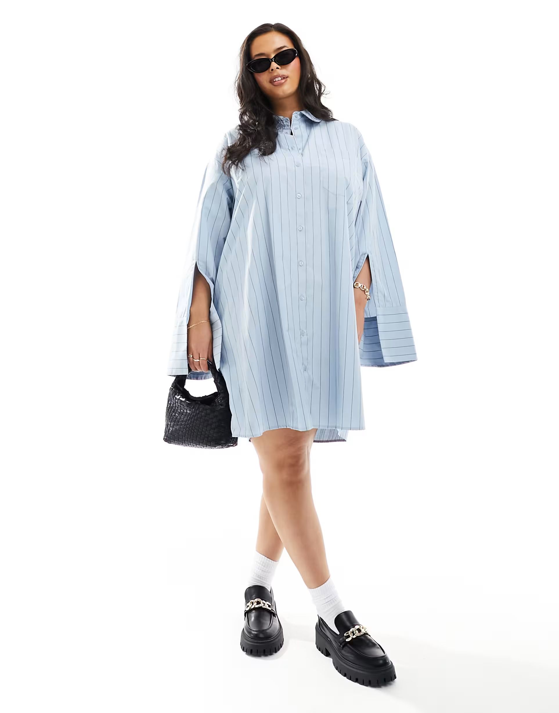 ASOS DESIGN Curve oversized shirt dress with double pocket detail in blue stripe | ASOS (Global)