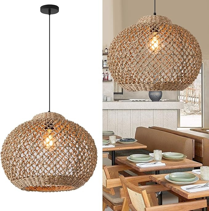 13.77" Woven Rattan Pendant Light,Hand-Woven Water Plants Rattan Chandelier 1-Light Boho Wicker C... | Amazon (US)