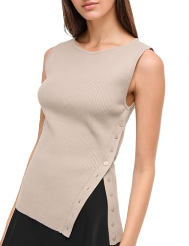 OLAPTA Women Asymmetrical Button Down Side Split Sleeveless Tank Tops Boat Neck Slim Fit Summer C... | Amazon (US)