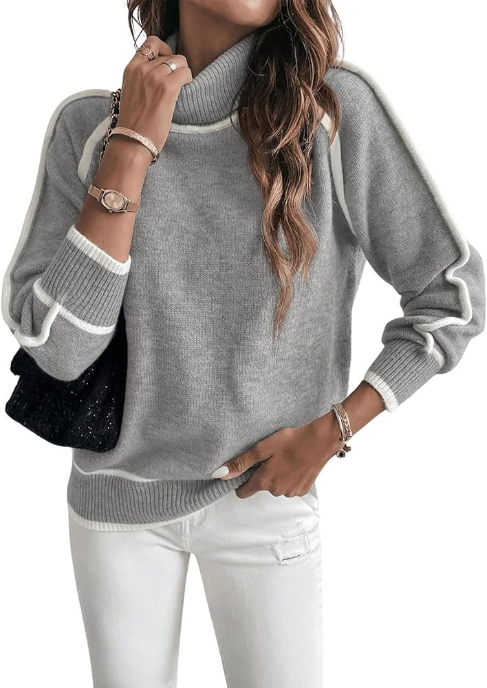 EVALESS Fall Sweaters for Women Trendy 2025 Cute Cozy Turtleneck Long Sleeve Colorblock Knitted P... | Amazon (US)