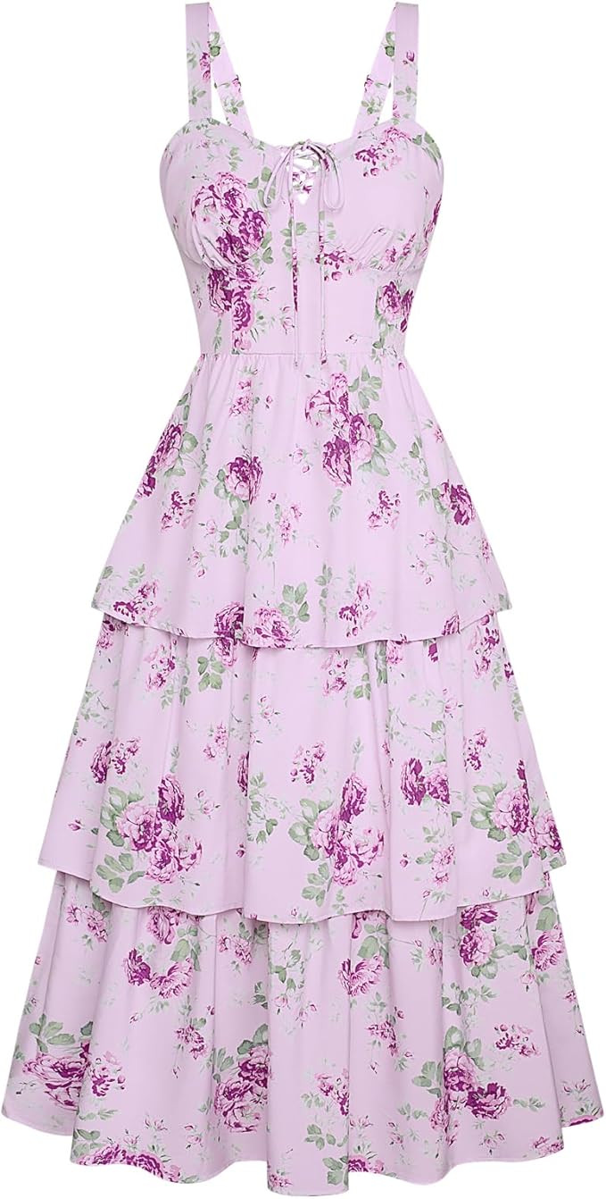 Scarlet Darkness Women's Floral Maxi Dress Summer Wedding Guest Dress Tiered Sleeveless Lace Up C... | Amazon (US)