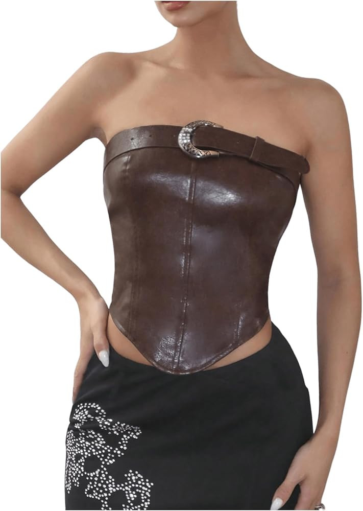 SHENHE Women's Leather Tube Top Strapless Belted Zip Back Asymmetrical Corset Crop Top Bronze XS | Amazon (US)