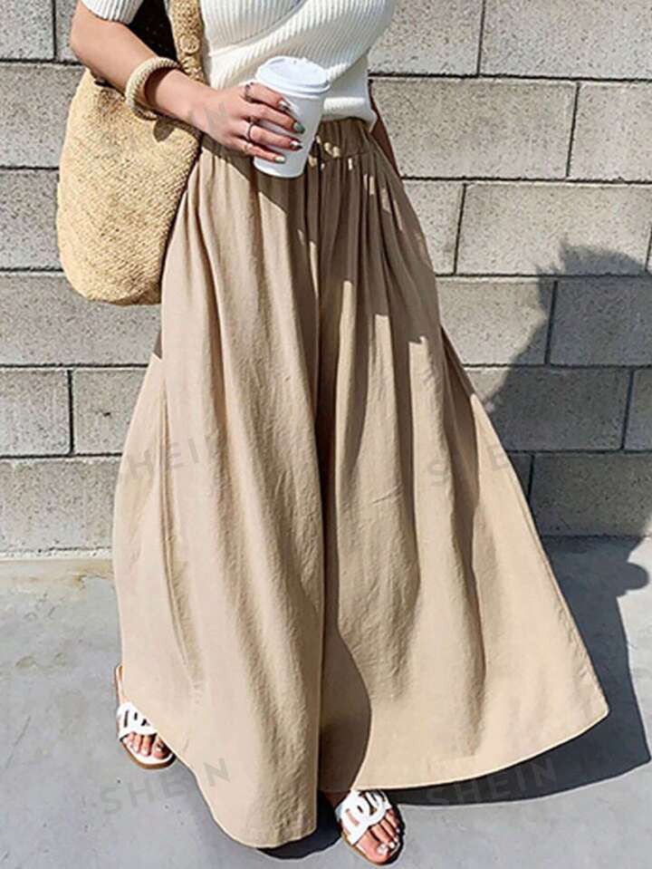 SHEIN Essnce Summer Daily Solid Color Cotton Wide Leg Casual Pants | SHEIN USA | SHEIN