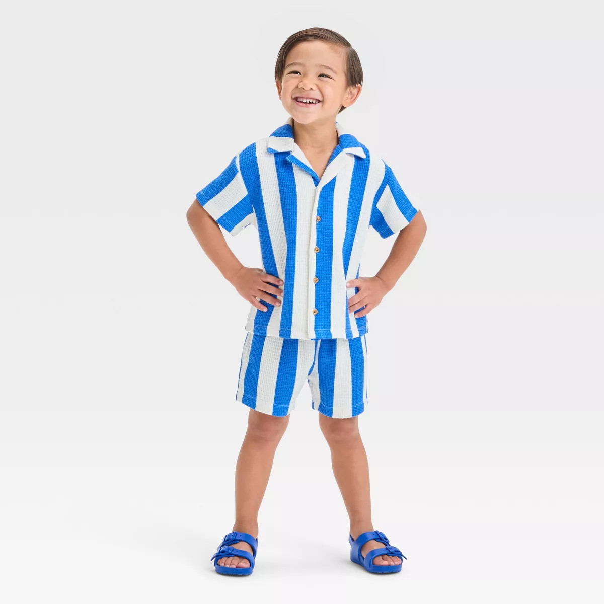 Grayson Mini Toddler Boys' Short Sleeve Vertical Striped Thermal Knit Shirt and Shorts Set - Blue | Target