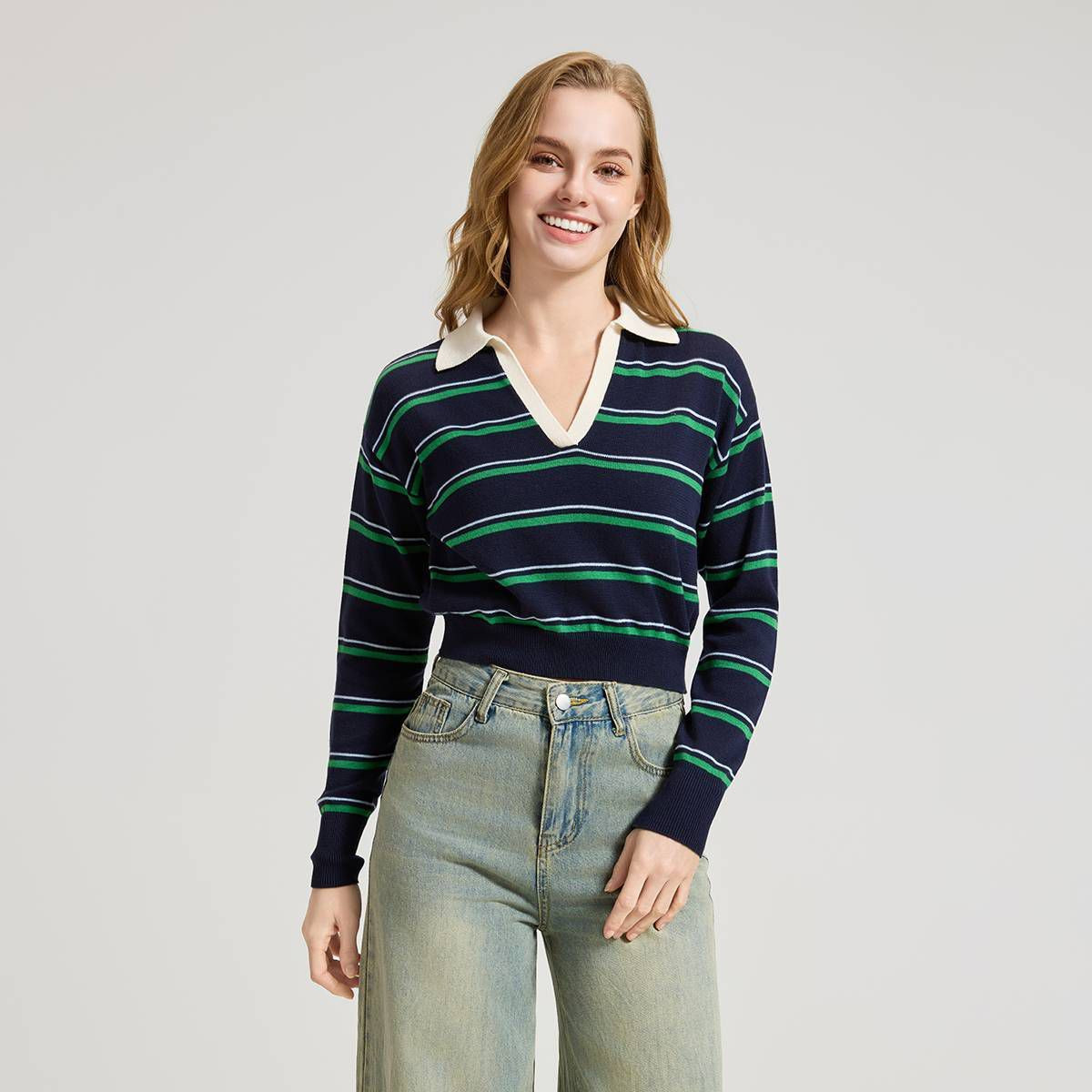 Women's Long Sleeve Cropped Rugby Pullover Sweater - Wild Fable™ Fern Green Striped L | Target