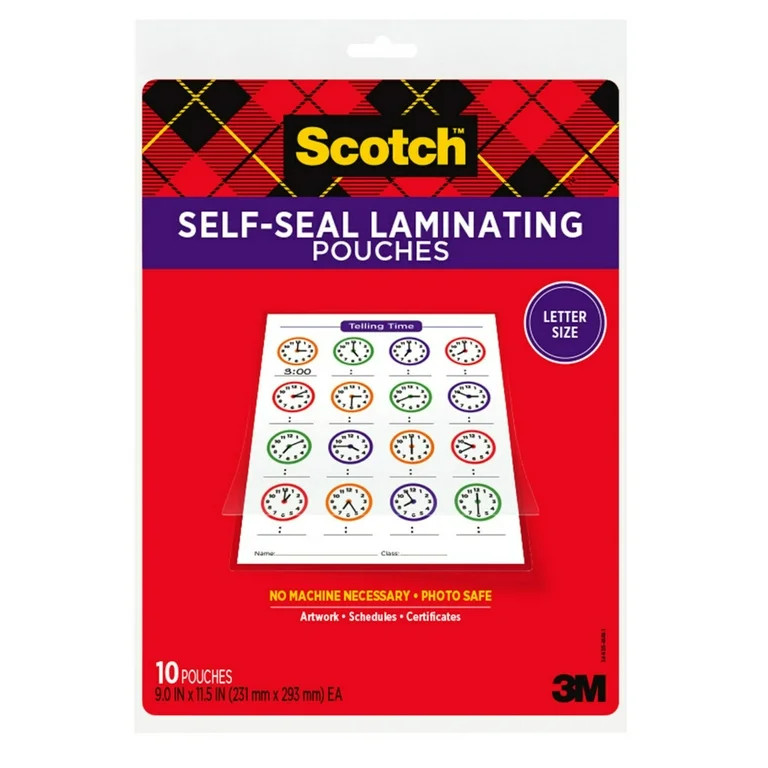 Scotch Self-Seal Laminating Pouches, 10 count, 8.5" x 11", 3 mil Thick | Walmart (US)