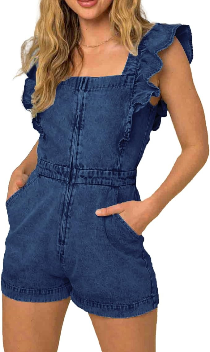 Kedera Women Ruffle Sleeveless Denim Rompers Short Zip Up Denim One Piece Jumpsuit with Pocket | Amazon (US)