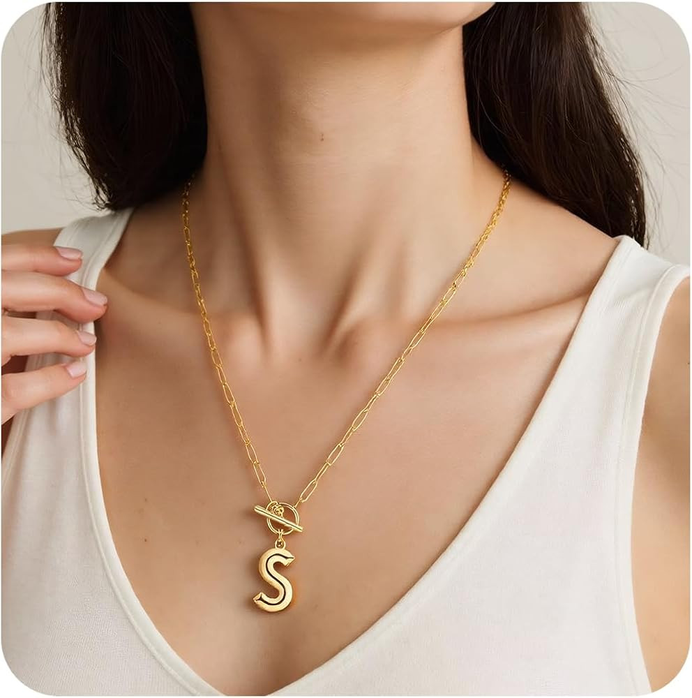 Women's OT-Clasp Initial Necklace 18K Gold-Plated Titanium Steel Pendant Clavicle Chain Trendy Ve... | Amazon (US)