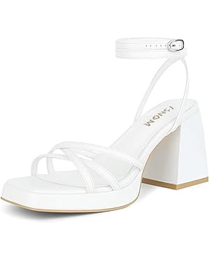 ISNOM Black Platform Heels for Women Heeled Sandals with Lace Up Strappy Ankle Strap Square Open ... | Amazon (US)