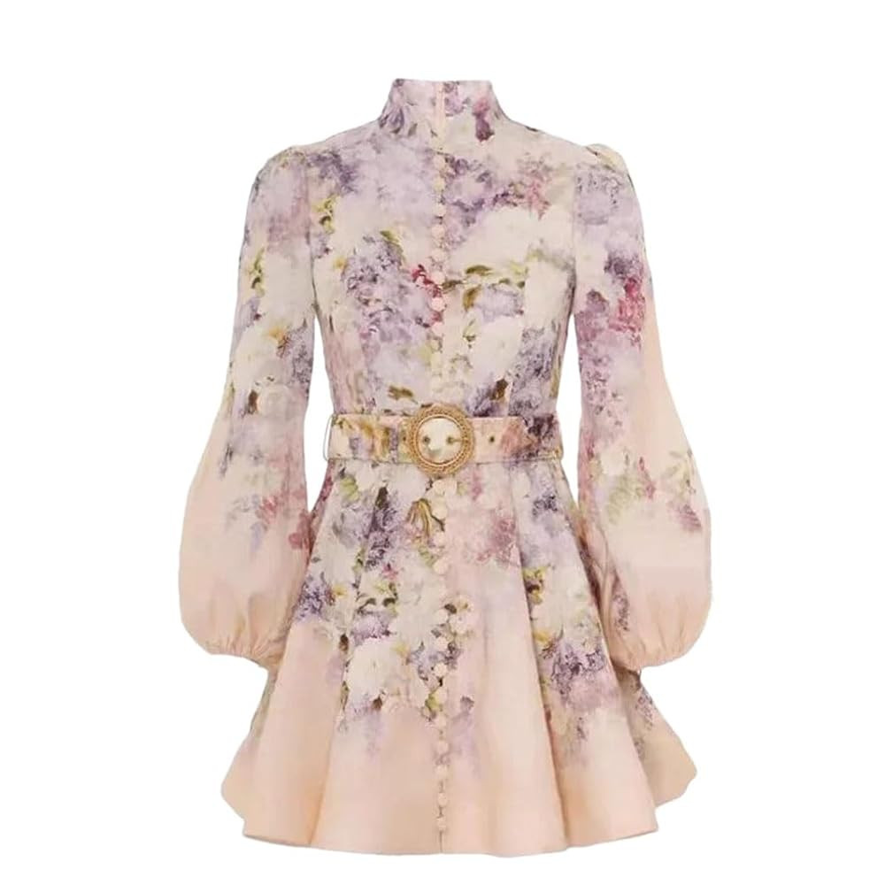 Women's Long Sleeve Print Mini Dress with Belt Single Button Skirt Style Lady Fiber Princess Slee... | Amazon (US)