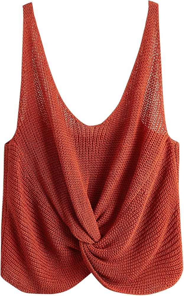 SweatyRocks Women's V Neck Twisted Hen Cami Tank Top Knitted Sleeveless Vest | Amazon (US)