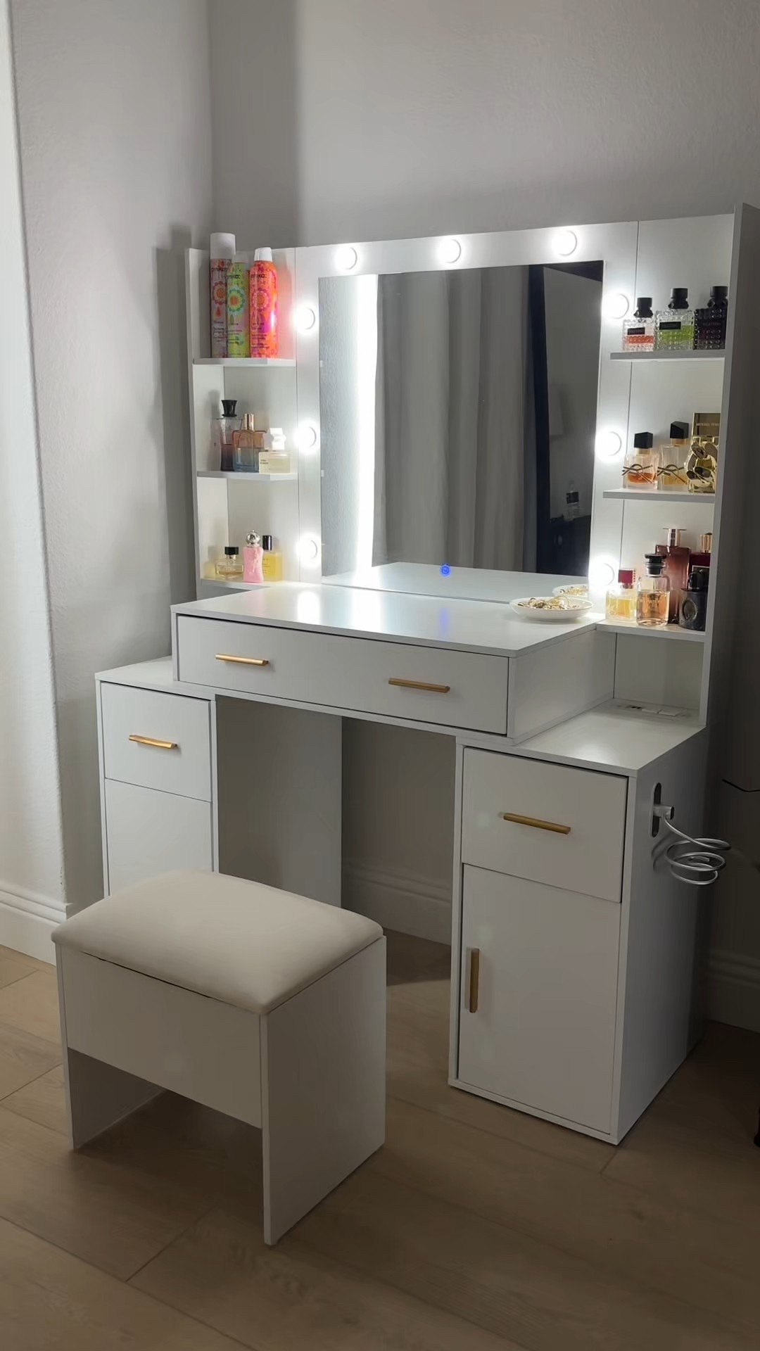 My new vanity 🎀🥹

Includes: 
• 3-tier side shelves for perfume 
• 3 drawers and 2 cabinets for beauty 
• 2 AC outlets + 2 USB ports
• Built-in hairdryer holder
• Cushioned seat with hidden storage

#vanity #vanitymirror #makeup #vanitydesk #amazon #girlystuff #makeuptutorial #vanityspace #makeuplover #hair #amazonfashionfinds

#LTKBeauty #LTKGiftGuide #LTKSummerEdit