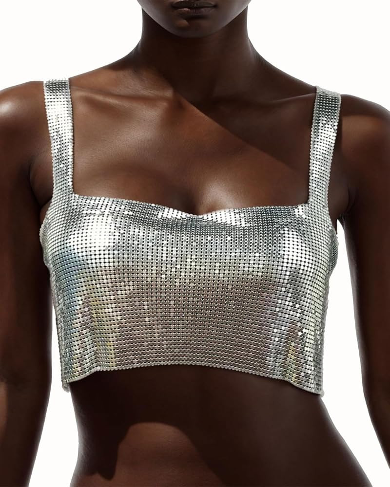 Women's Sparkly Rhinestone Top ， Sexy Metallic Sleeveless Trendy Spaghetti Strap Tube Vest Rave... | Amazon (US)