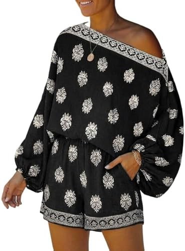 CHICME Women's 2 Piece Boho Outfit Lantern Sleeve Linen Top and Shorts Set Beach Vacation Summer ... | Amazon (US)