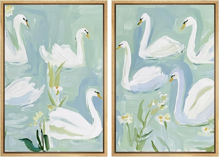 MUDECOR Framed Canvas Print Wall Art Set White Swan Soft Blue Green Pond Illustrations Modern Art Decorative Bohemian Calm/Zen for Living Room, Bedroom, Office - 16"x24"x2 Natural | Amazon (US)