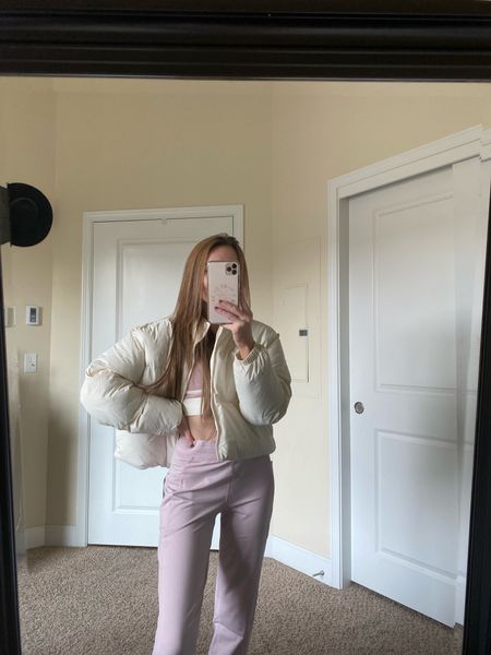 Fabletics cozy fall outfit inspo // jogger + everyday sports bra in mauve + white puffer coat all under $100 #fableticspartner 

#LTKstyletip #LTKSeasonal #LTKfit