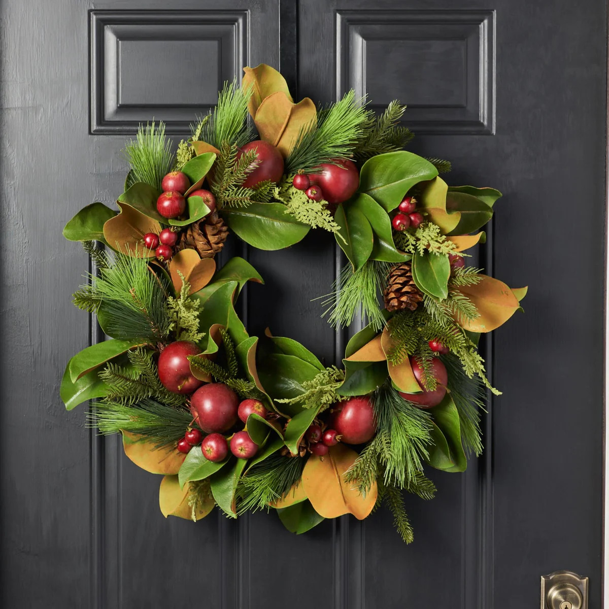 Real Touch Magnolia, Pine, Faux Red Apple & Pinecone Fall Christmas Front Door Wreath | Darby Creek Trading